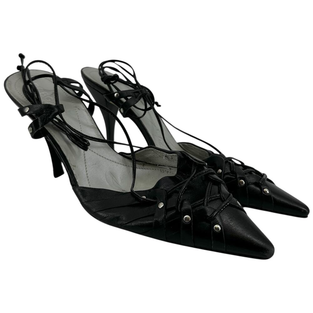 Vintage BCBGirls Pump Heels Stiletto Pointed Criss Cross Strap Leather Black 7B